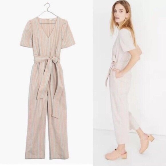 NWT Madewell Jumpsuit Stripes Neutrals Pink Blue Pants Puff Sleeve Short Sleeve - Picture 1 of 7